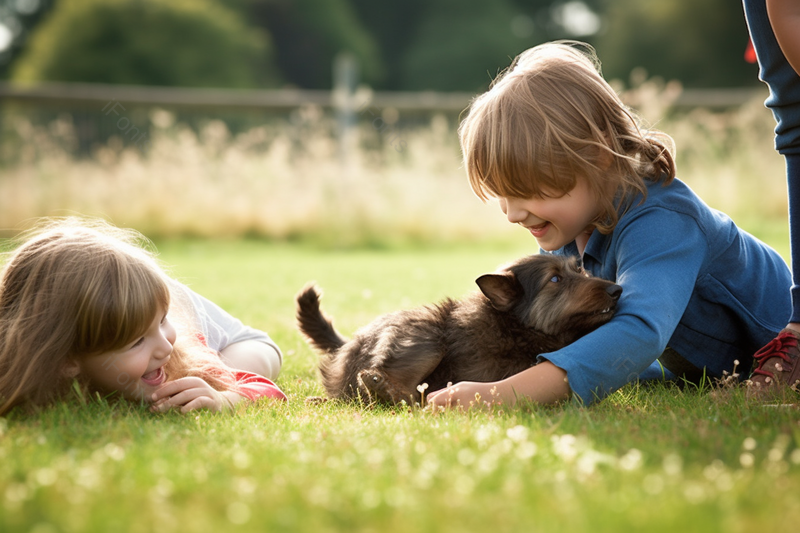 室外场景孩子和狗在草地上快乐的玩耍,高清,摄影图,摄影图片,图片大全,摄影图免费下载